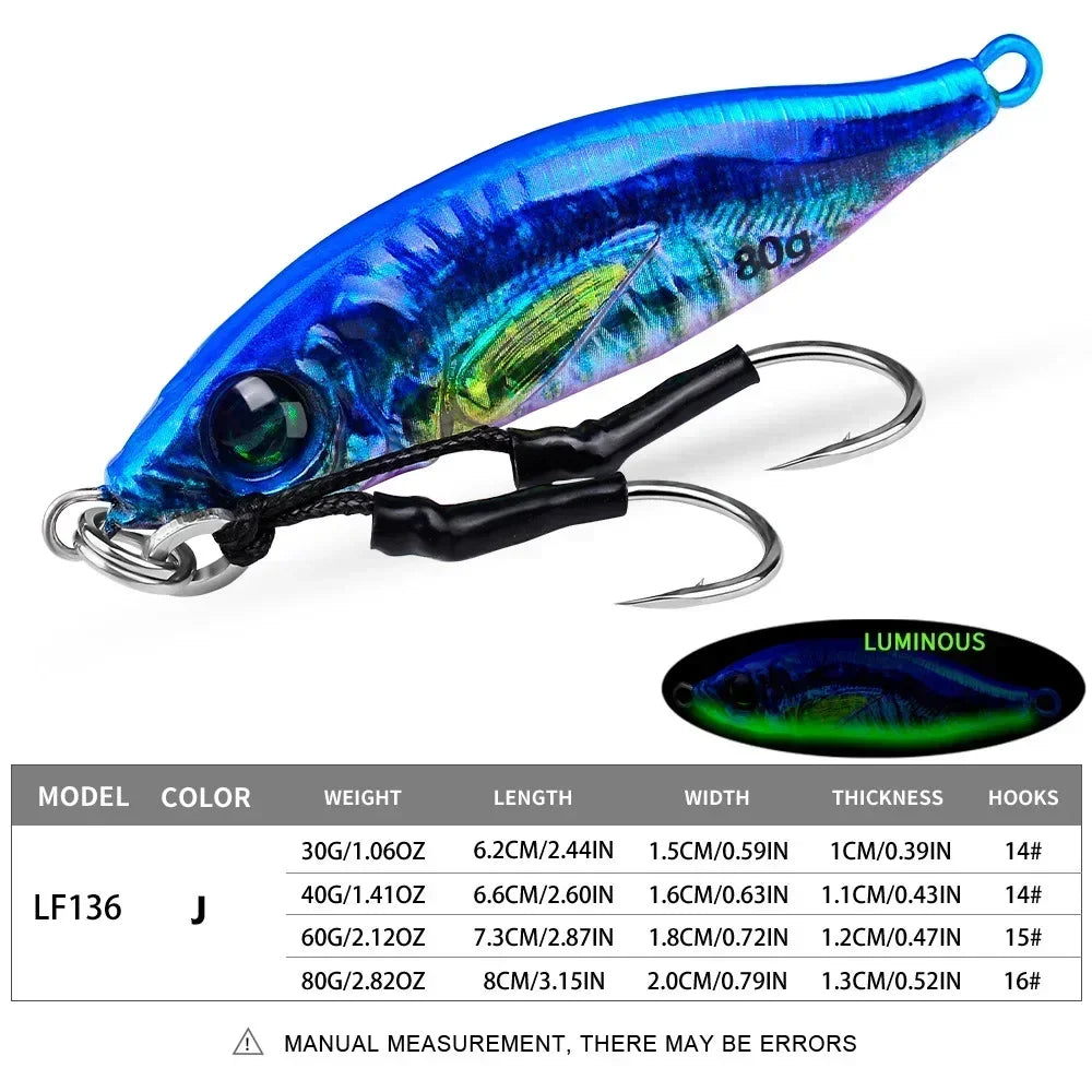 Fast Sinking 30g 40g 60g 80g LuminousSlow Jig Casting Metal Jig Trout Fishing Lure BaitArtificial Hard Jigging Hook Lure