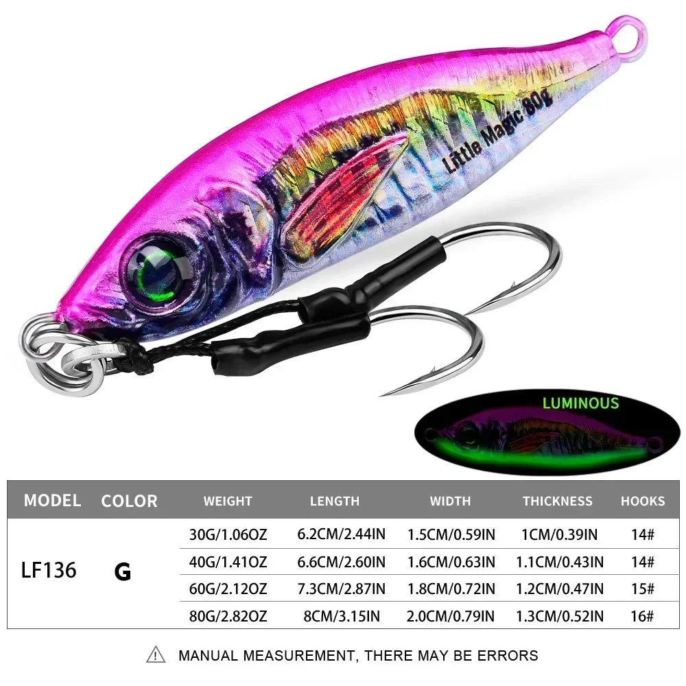 Fast Sinking 30g 40g 60g 80g LuminousSlow Jig Casting Metal Jig Trout Fishing Lure BaitArtificial Hard Jigging Hook Lure
