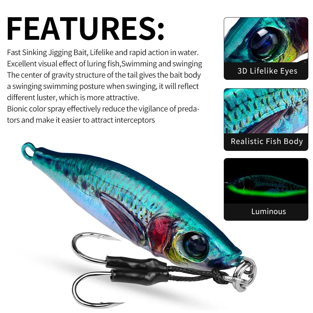 Fast Sinking 30g 40g 60g 80g LuminousSlow Jig Casting Metal Jig Trout Fishing Lure BaitArtificial Hard Jigging Hook Lure