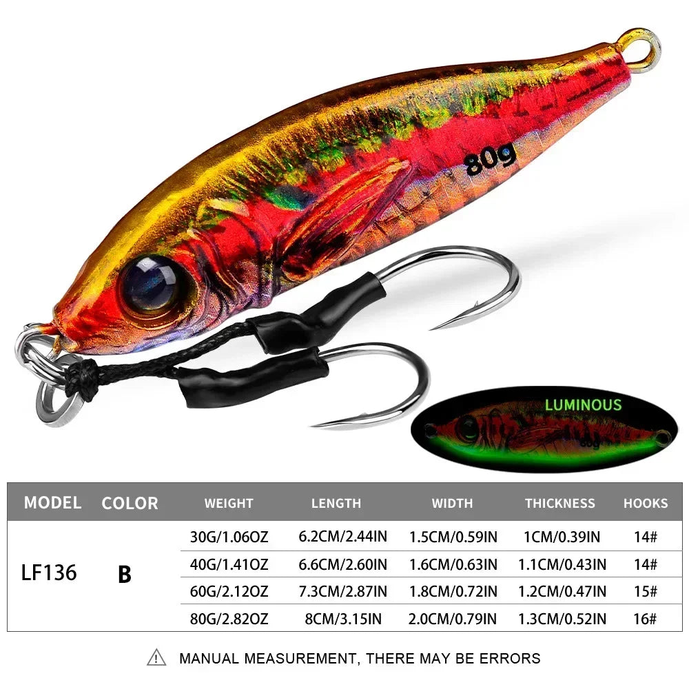 Fast Sinking 30g 40g 60g 80g LuminousSlow Jig Casting Metal Jig Trout Fishing Lure BaitArtificial Hard Jigging Hook Lure