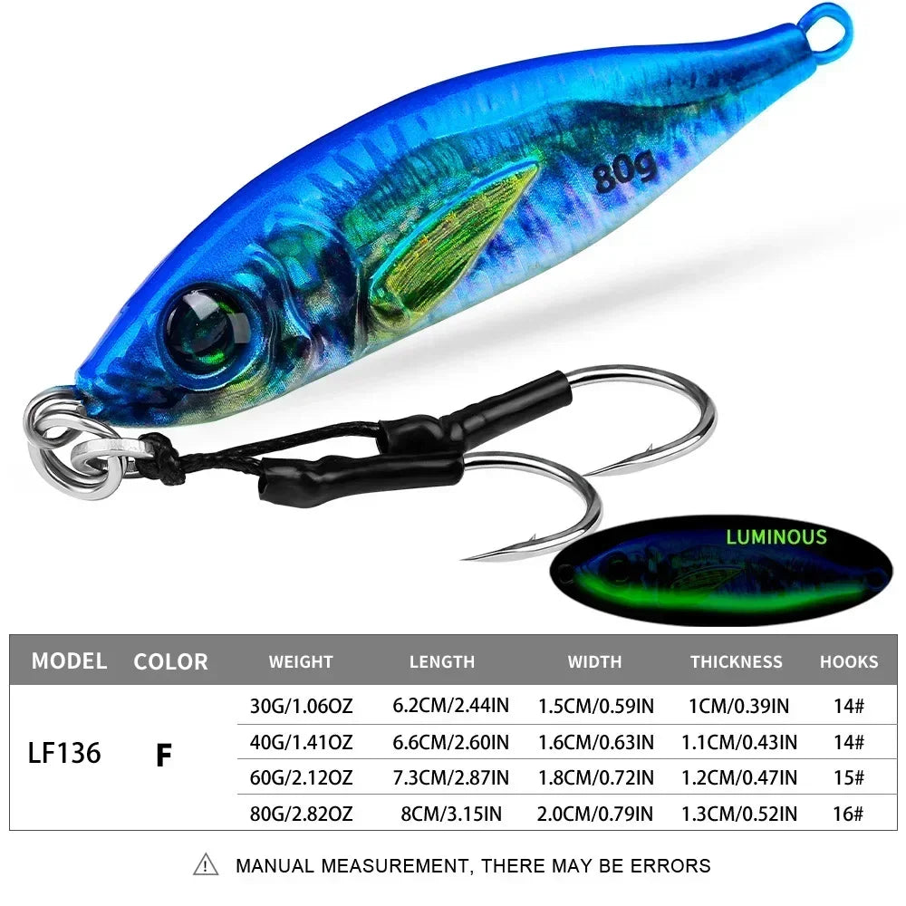Fast Sinking 30g 40g 60g 80g LuminousSlow Jig Casting Metal Jig Trout Fishing Lure BaitArtificial Hard Jigging Hook Lure