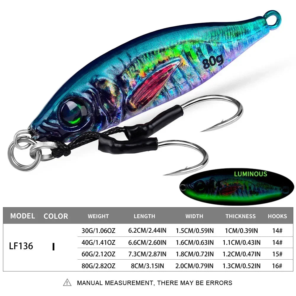 Fast Sinking 30g 40g 60g 80g LuminousSlow Jig Casting Metal Jig Trout Fishing Lure BaitArtificial Hard Jigging Hook Lure