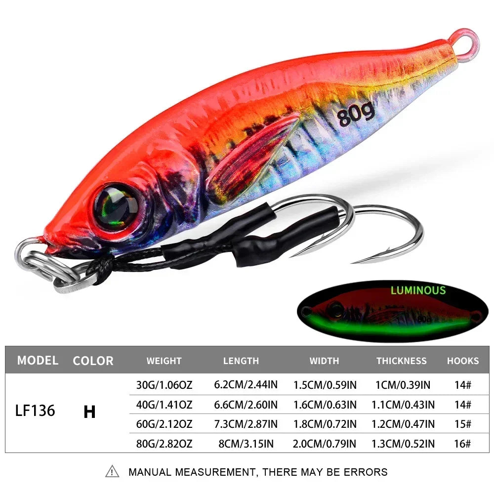 Fast Sinking 30g 40g 60g 80g LuminousSlow Jig Casting Metal Jig Trout Fishing Lure BaitArtificial Hard Jigging Hook Lure