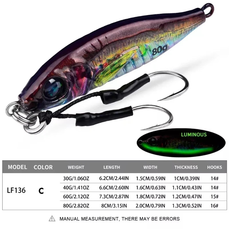 Fast Sinking 30g 40g 60g 80g LuminousSlow Jig Casting Metal Jig Trout Fishing Lure BaitArtificial Hard Jigging Hook Lure