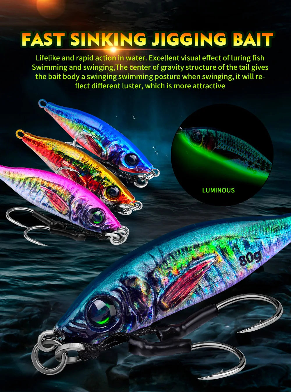 Fast Sinking 30g 40g 60g 80g LuminousSlow Jig Casting Metal Jig Trout Fishing Lure BaitArtificial Hard Jigging Hook Lure