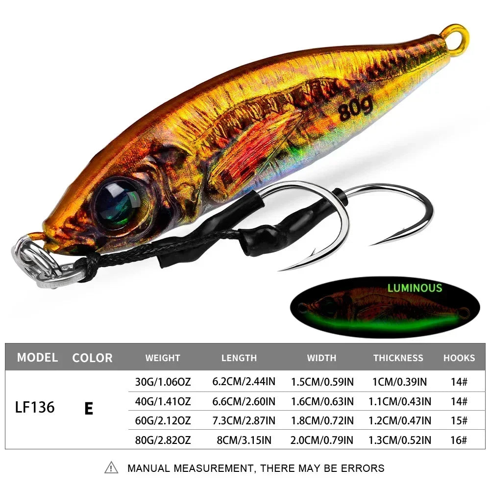 Fast Sinking 30g 40g 60g 80g LuminousSlow Jig Casting Metal Jig Trout Fishing Lure BaitArtificial Hard Jigging Hook Lure