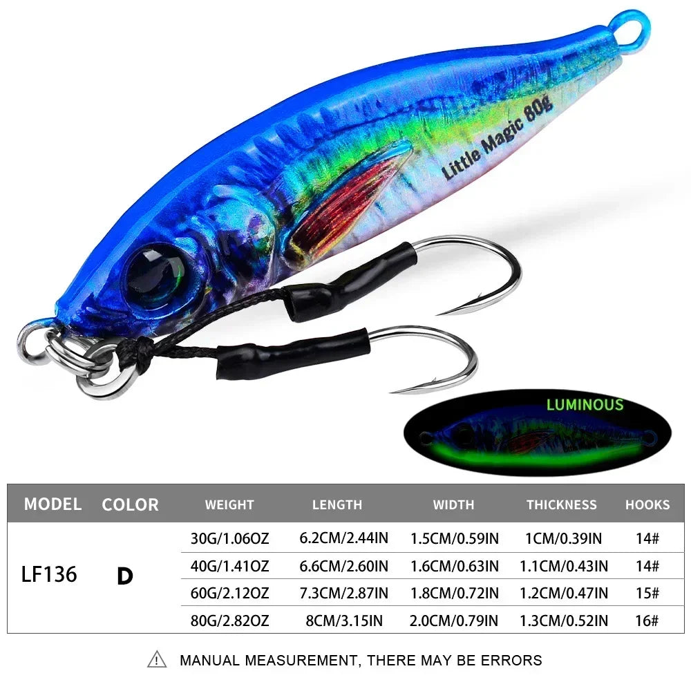 Fast Sinking 30g 40g 60g 80g LuminousSlow Jig Casting Metal Jig Trout Fishing Lure BaitArtificial Hard Jigging Hook Lure